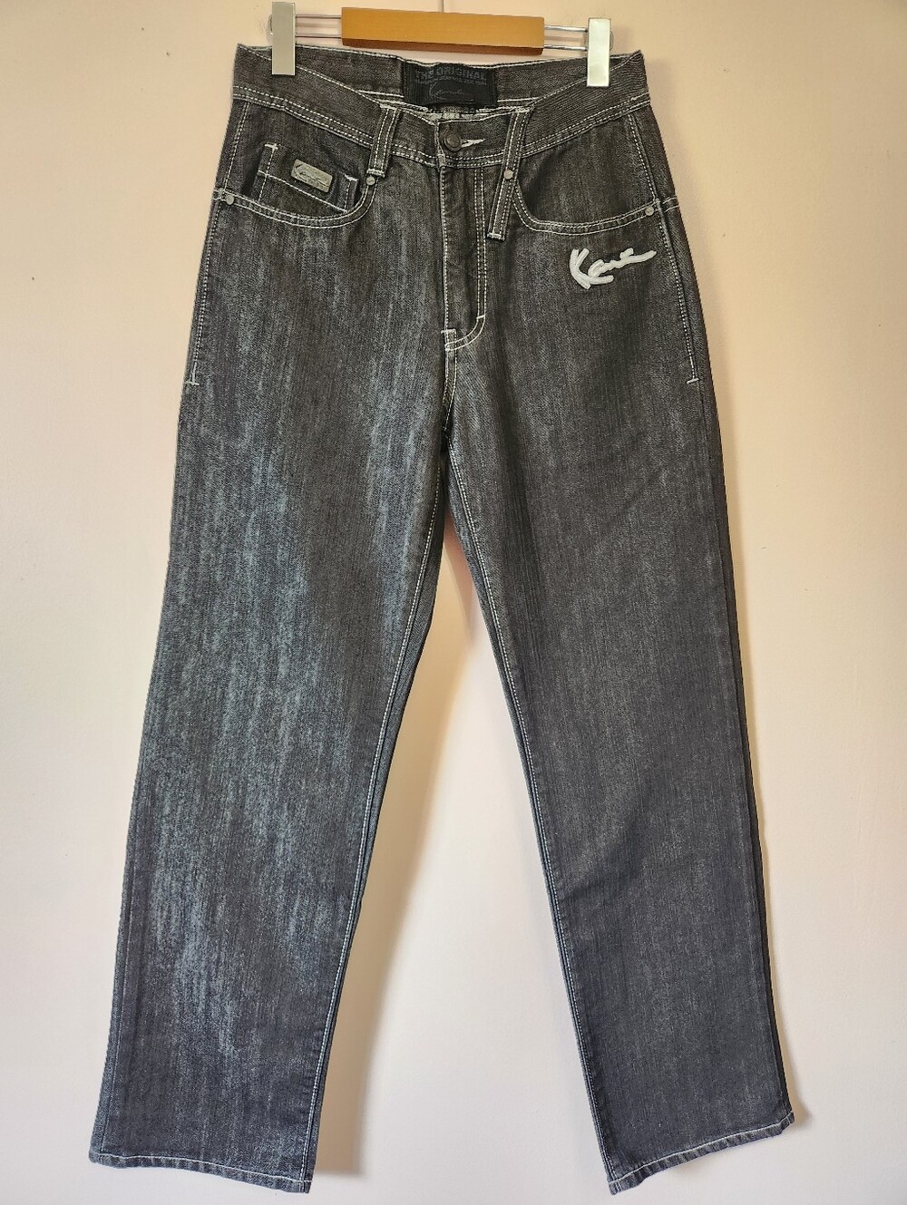 VTG 90s Karl Kani Coated Black Jeans White Stitch 30x30 Y2K Skater Streetwear